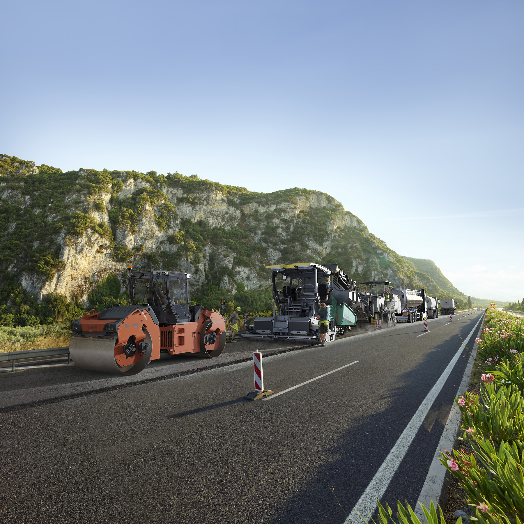 Straßenbau, Walze, Fertiger, Fotorealistische Rendering von Baumaschinen auf realen Hintergründen