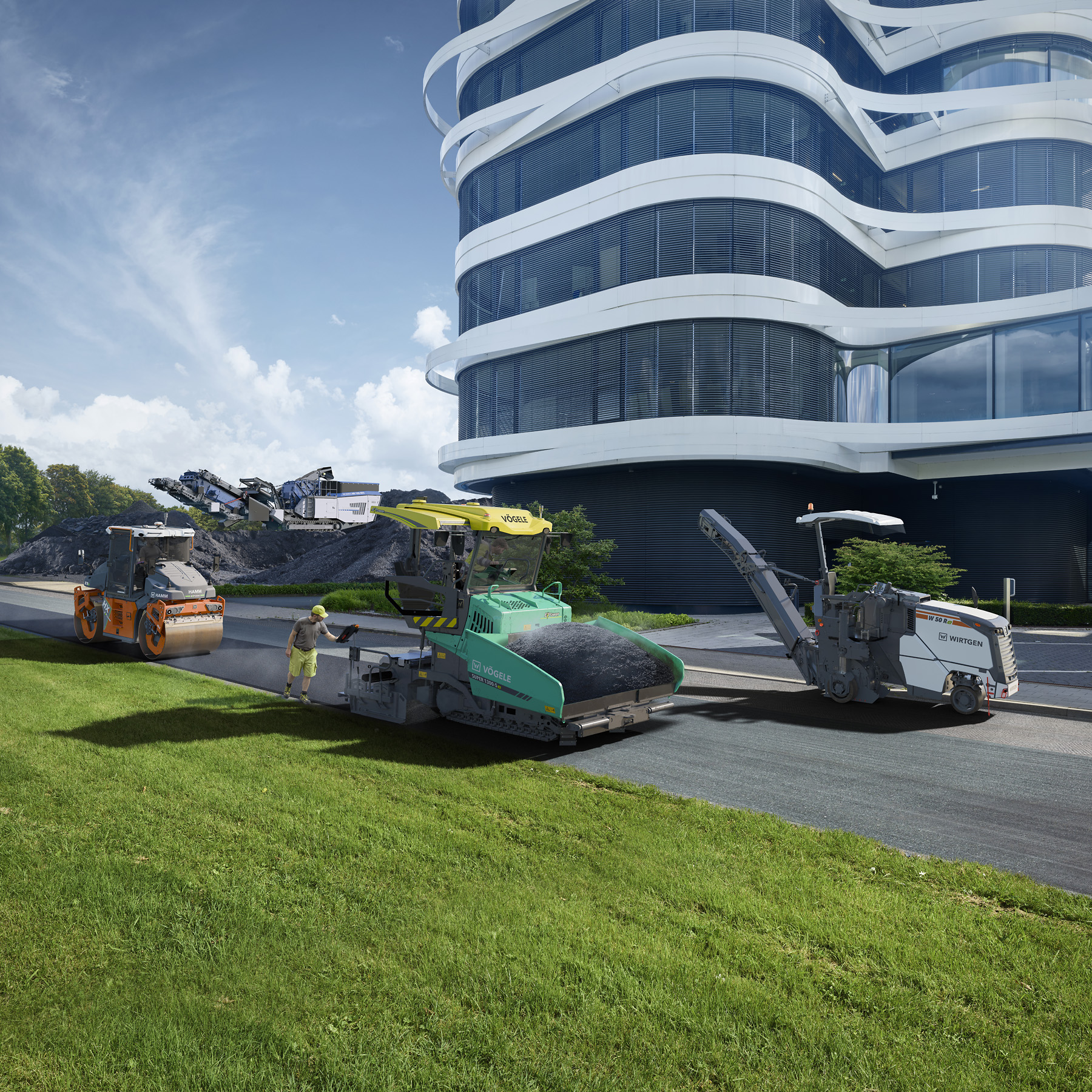 Fertiger, Bauma, Straßenbau, Walze, Fotorealistische 3D-Visualisierungen von Baumaschinen auf realen Hintergründen