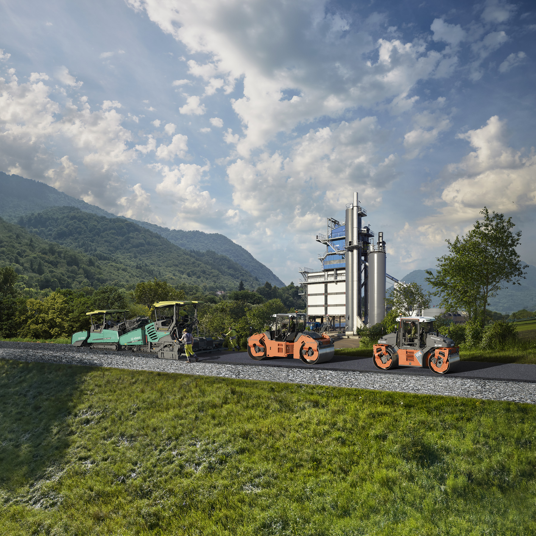 Straßenbau, Bauma, Asphaltmischanlage, Rendering auf Realem Hintergrund