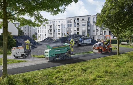 Wirtgen Straßenbauarbeiten Walze und Fertiger mit E Mobilität